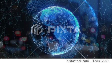 Image of digital icons over glowing blue globe of connections in background Image of digital icons over glowing blue globe of connections in background 128312028