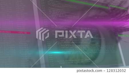 Image of data processing over woman's eye in background Image of data processing over woman's eye in background 128312032