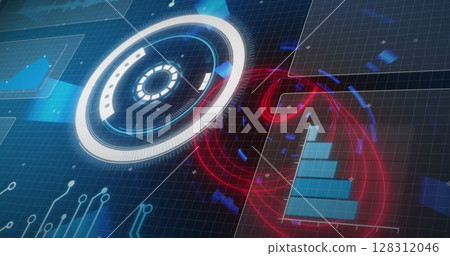 Image of luminous tunnel over digital screen with grid and data charts 128312046