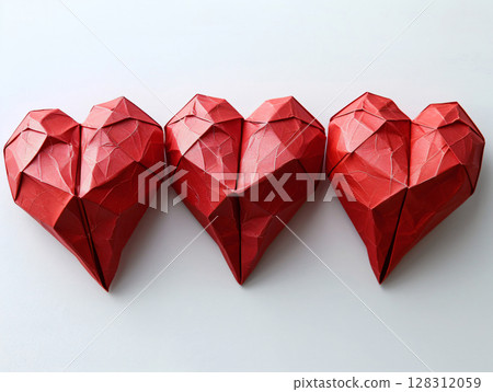 Three Red paper hearts hearts on white background. top view. copy space. AI Generated. 128312059