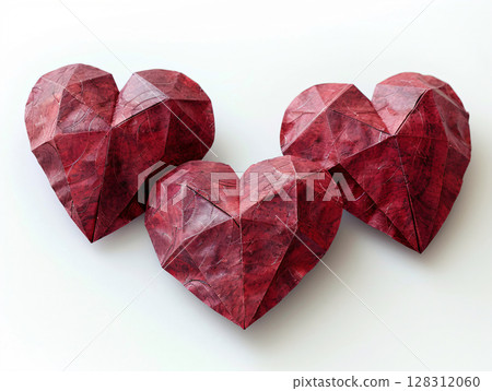 Three Red paper hearts hearts on white background. top view. copy space. AI Generated. 128312060