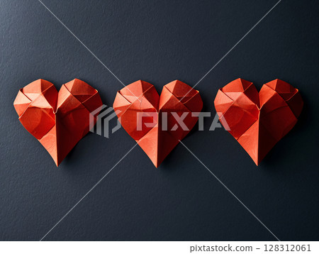 Three Red paper hearts hearts on black background. top view. copy space. AI Generated. 128312061