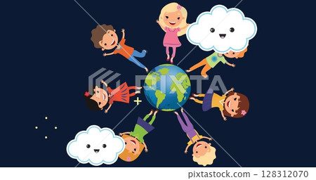 Image of smiling white clouds over happy children standing on globe on blue background 128312070