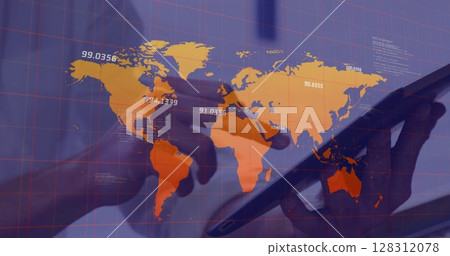 Multiple numbers floating over world map against mid section of person using digital tablet Multiple numbers floating over world map against mid section of person using digital tablet 128312078