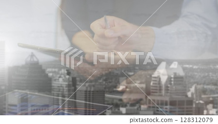 Digital composition of mid section of business people working at office against cityscape 128312079