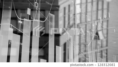Financial and statistical data processing against tall buildings in background 128312081