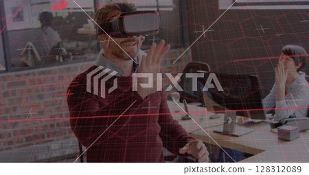 Hexagonal shapes and data processing against caucasian man wearing vr headset at office Hexagonal shapes and data processing against caucasian man wearing vr headset at office 128312089