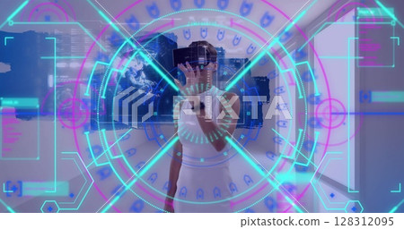 Data processing and scope scanning over woman wearing vr headset touching futuristic screen Data processing and scope scanning over woman wearing vr headset touching futuristic screen 128312095