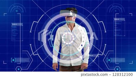 Data processing and scope scanner over man wearing vr headset against blue background 128312100