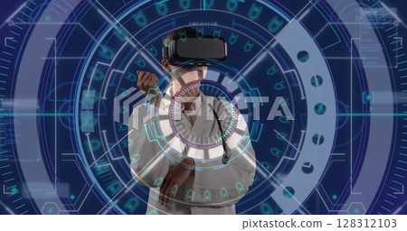 Data processing and scope scanner over caucasian senior male doctor against blue background 128312103