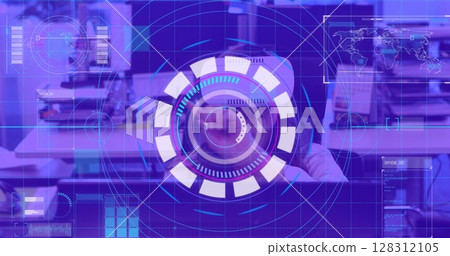 Image of scope scanning over woman wearing vr headset and moving her hands Image of scope scanning over woman wearing vr headset and moving her hands 128312105