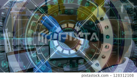 Image of scope scanning over male scientist wearing vr headset and moving his hands 128312108