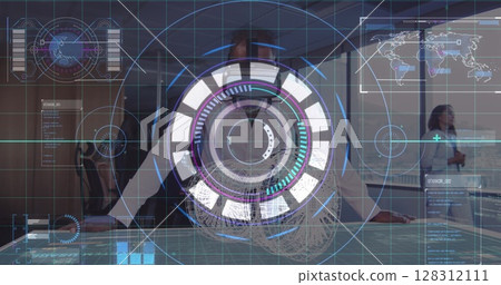 Data processing and neon scope scanner against african american man wearing vr headset at office 128312111