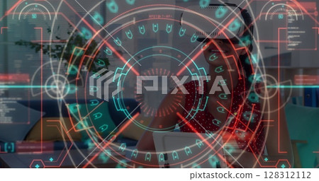 Data processing and neon scope scanner against caucasian woman wearing vr headset at home Data processing and neon scope scanner against caucasian woman wearing vr headset at home 128312112