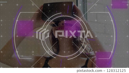 Scope scanning over grid network against caucasian woman wearing vr headset at home Scope scanning over grid network against caucasian woman wearing vr headset at home 128312125
