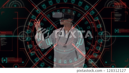 Scope scanning over digital interface against caucasian female doctor wearing vr headset 128312127