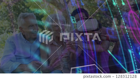 Scope scanning over grid network against caucasian girl wearing vr headset in the garden with family 128312128