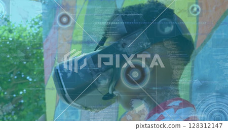 Image of scopes scanning over boy wearing vr headset Image of scopes scanning over boy wearing vr headset 128312147