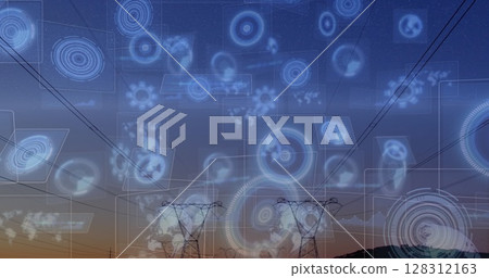 Image of scopes scanning and data processing on screens over electric pylons 128312163