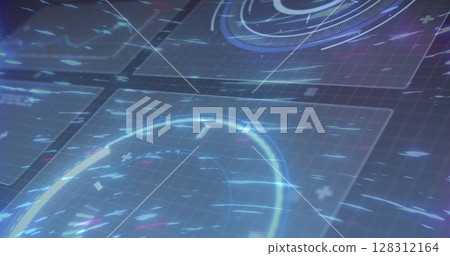 Image of scopes scanning and data processing on screens over light trails 128312164