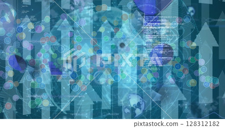 Image of scopes scanning and data processing on screens over globe and arrows Image of scopes scanning and data processing on screens over globe and arrows 128312182