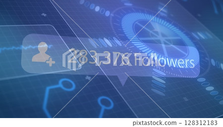 Image of speech bubble with followers and numbers, scope scanning on screen over grid Image of speech bubble with followers and numbers, scope scanning on screen over grid 128312183