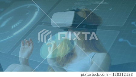 Image of scope scanning and data processing on screens over woman wearing vr headset Image of scope scanning and data processing on screens over woman wearing vr headset 128312188