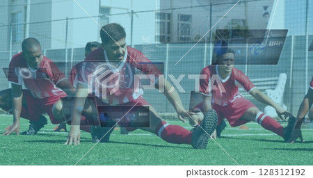 Image of scopes and data processing on screens over male football players stretching 128312192