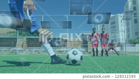 Image of scopes and data processing on screens over male football players during match 128312193