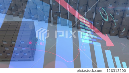 Image of red arrow decending with statistics and data processing over cardboard boxes 128312200