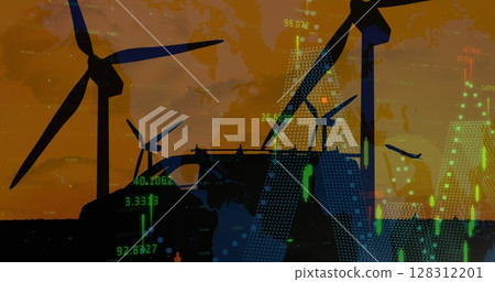 Image of data processing over wind turbines and delivery man with cardboard boxes 128312201