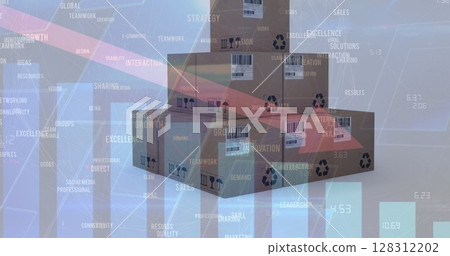 Image of red arrow decending with statistics and data processing over cardboard boxes 128312202