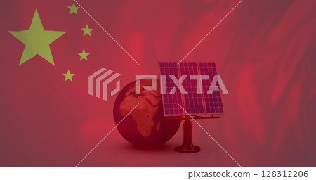 Image of chinese flag waving over solar panels and globe 128312206