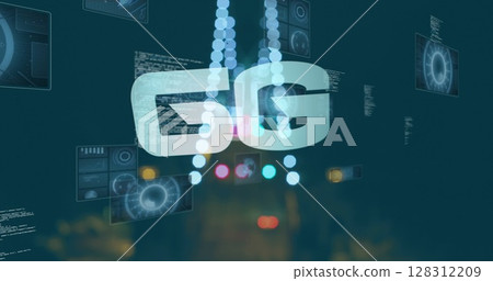 Image of 6g text, data processing and scopes scanning on screens over out of focus city lights Image of 6g text, data processing and scopes scanning on screens over out of focus city lights 128312209