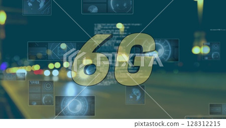 Image of 6g text, data processing and scopes scanning on screens over out of focus road traffic Image of 6g text, data processing and scopes scanning on screens over out of focus road traffic 128312215