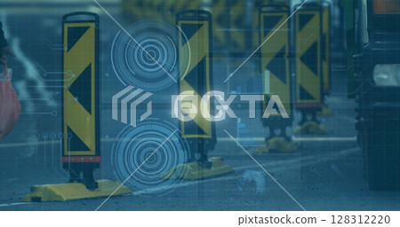 Image of 6g text, data processing and scopes scanning on screens over busy road Image of 6g text, data processing and scopes scanning on screens over busy road 128312220