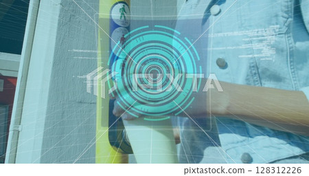 Image of 6g text, scope scanning and data processing over woman pressing traffic light button 128312226