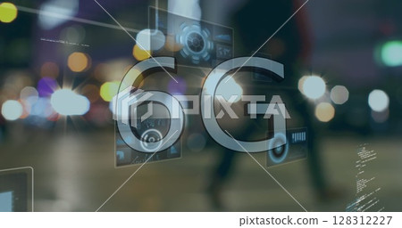 Image of 6g text, data processing and scopes scanning on screens over out of focus road traffic Image of 6g text, data processing and scopes scanning on screens over out of focus road traffic 128312227