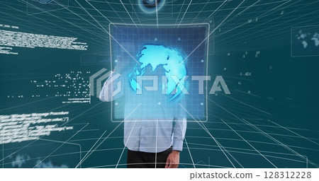 Image of 6g text, scopes scanning and data processing over man wearing vr headset 128312228