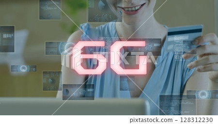 Image of 6g text, scopes scanning and data processing over woman using laptop Image of 6g text, scopes scanning and data processing over woman using laptop 128312230