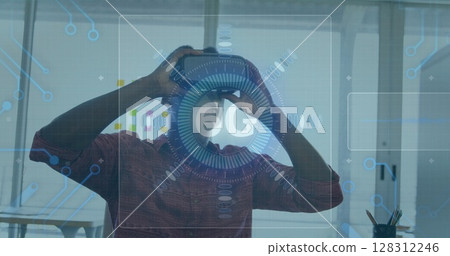 Image of 6g text, scope scanning and circuit board elements over man wearing vr headset 128312246