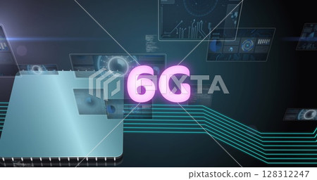 Image of 6g text, data processing and scopes scanning on screens over computer processor Image of 6g text, data processing and scopes scanning on screens over computer processor 128312247