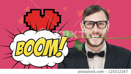 Image of smiling man with rose in his teeth, boom text on speech bubble on pink background 128312267
