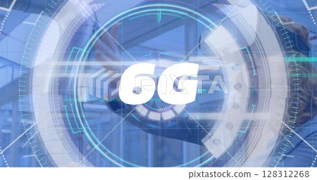 Image of 6g text, scope scanning over woman wearing vr headset and moving hand 128312268