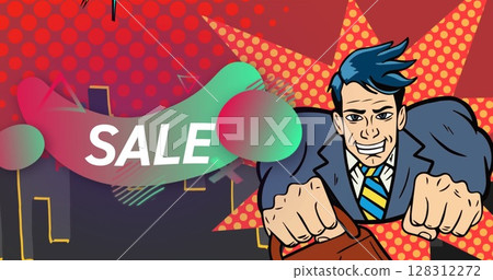 Image of sale text in white over green to re shapes and retro superhero 128312272