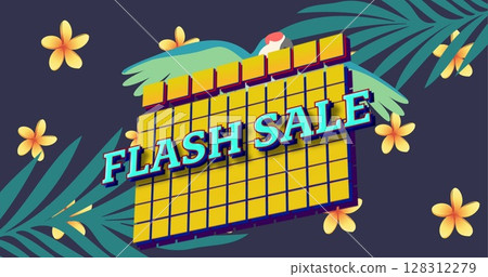 Image of flash sale text over yellow squares over exotic bird and plants on blue background 128312279