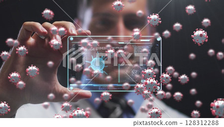 Image of covid 19 cells over man holding screen with covid 19 cell and medical data processing Image of covid 19 cells over man holding screen with covid 19 cell and medical data processing 128312288