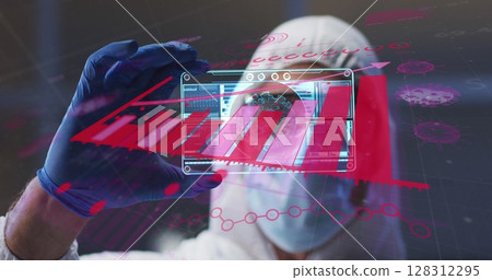 Image of statistics over scientist in ppe suit holding screen with covid 19 cell Image of statistics over scientist in ppe suit holding screen with covid 19 cell 128312295