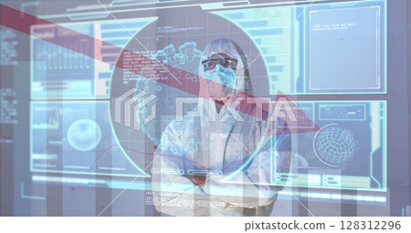 Image of screen with red arrow, statistics, covid 19 cell, data processing over man in ppe suit 128312296