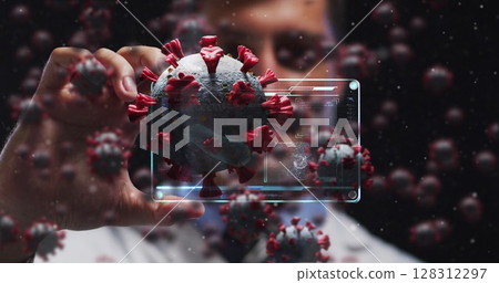 Image of covid 19 cells over man holding screen with medical data processing Image of covid 19 cells over man holding screen with medical data processing 128312297